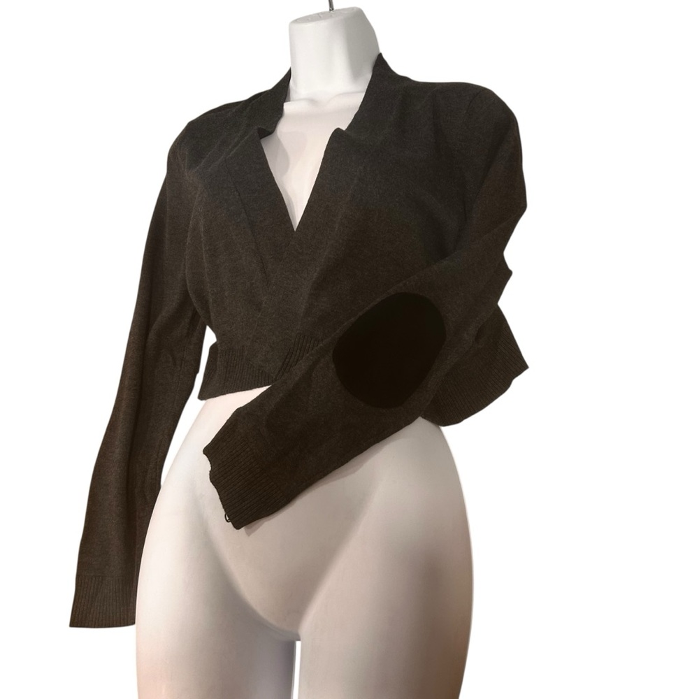 Calvin Klein cropped cardigan new womens sz large grey black elbow patches acade